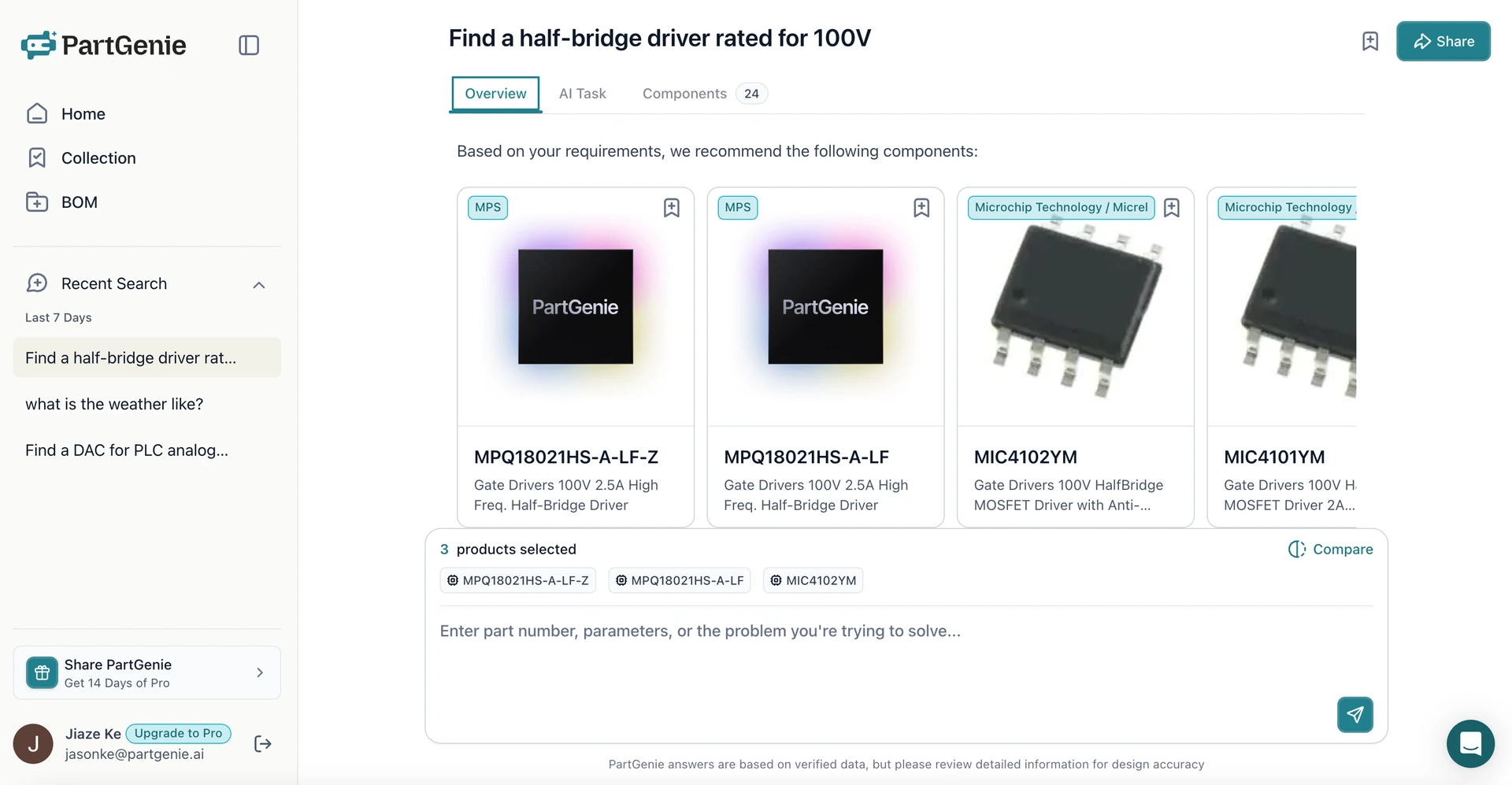 PartGenie dashboard