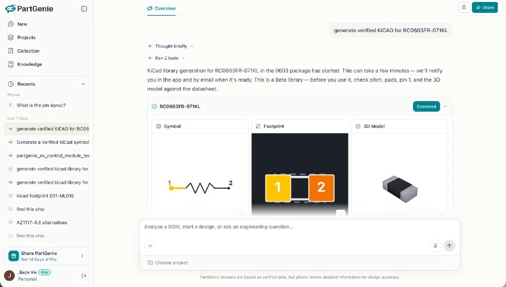 Genera una biblioteca KiCad verificada a partir de un número de parte
